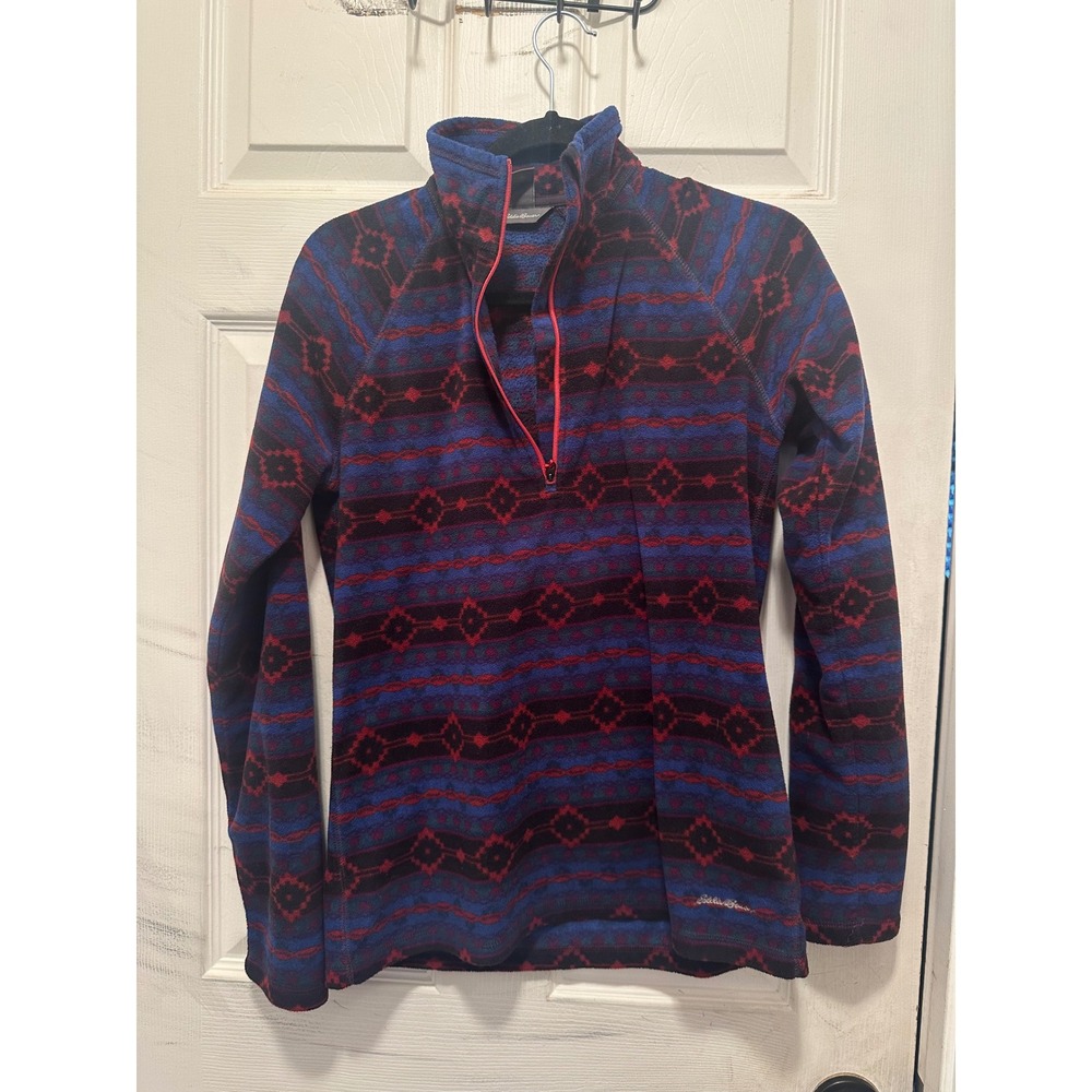 Eddie Bauer Vintage Fleece Pullover Quarter Zip Geometric Fair Isle Purple Red